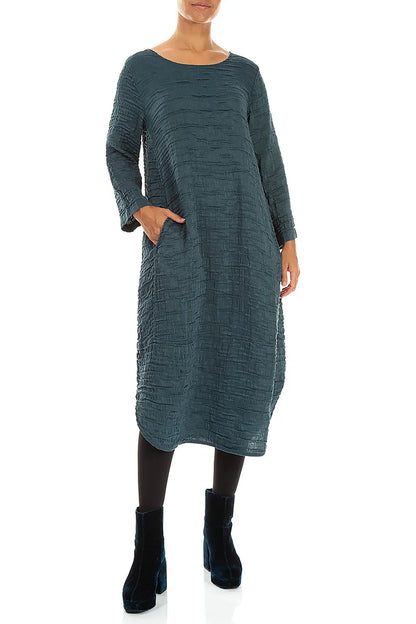 Curved Hem Deep Turquoise Crinkled Silk Linen Dress