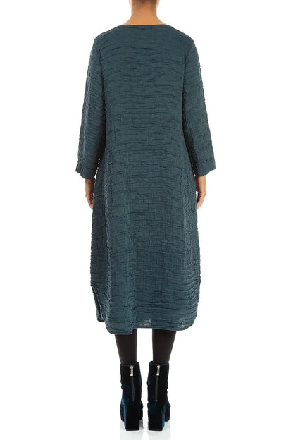 Curved Hem Deep Turquoise Crinkled Silk Linen Dress