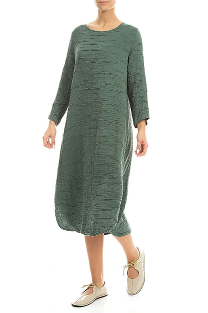 Curved Hem Sage Crinkled Silk Linen Dress 3