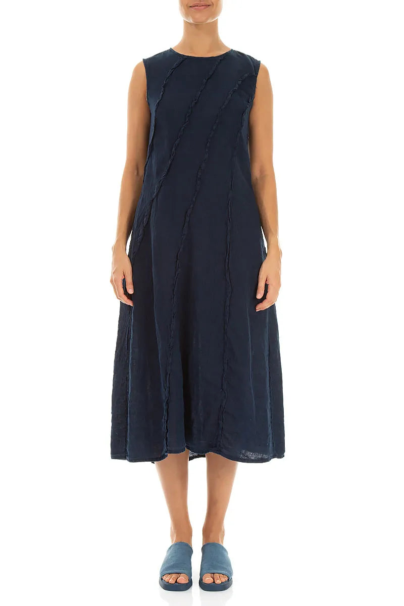 Curved Seam Navy Linen Dress 1