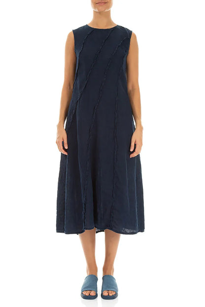 Marineblaues Leinenkleid mit geschwungener Naht