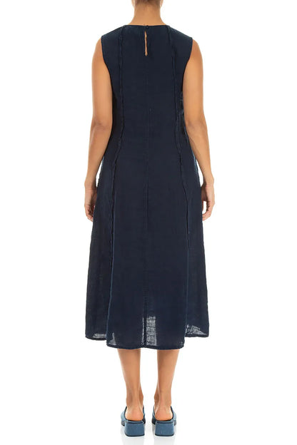 Marineblaues Leinenkleid mit geschwungener Naht