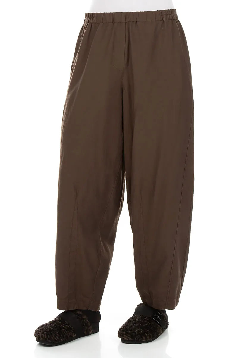 Curved Truffle Brown Silk Cotton Trousers