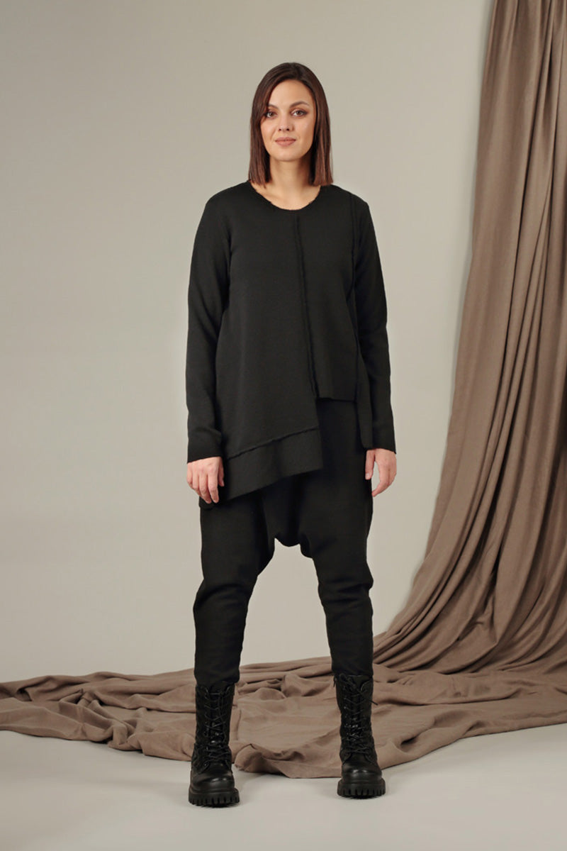 Cut Out Black Rib Cotton Wool Tunic