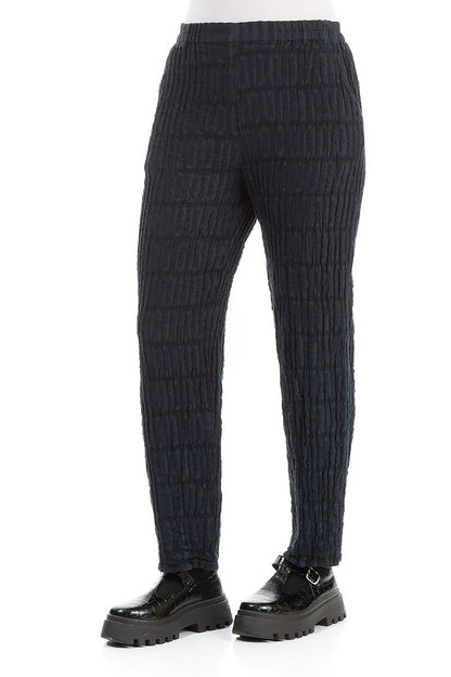 Dark Navy Textured Linen Pencil Trousers