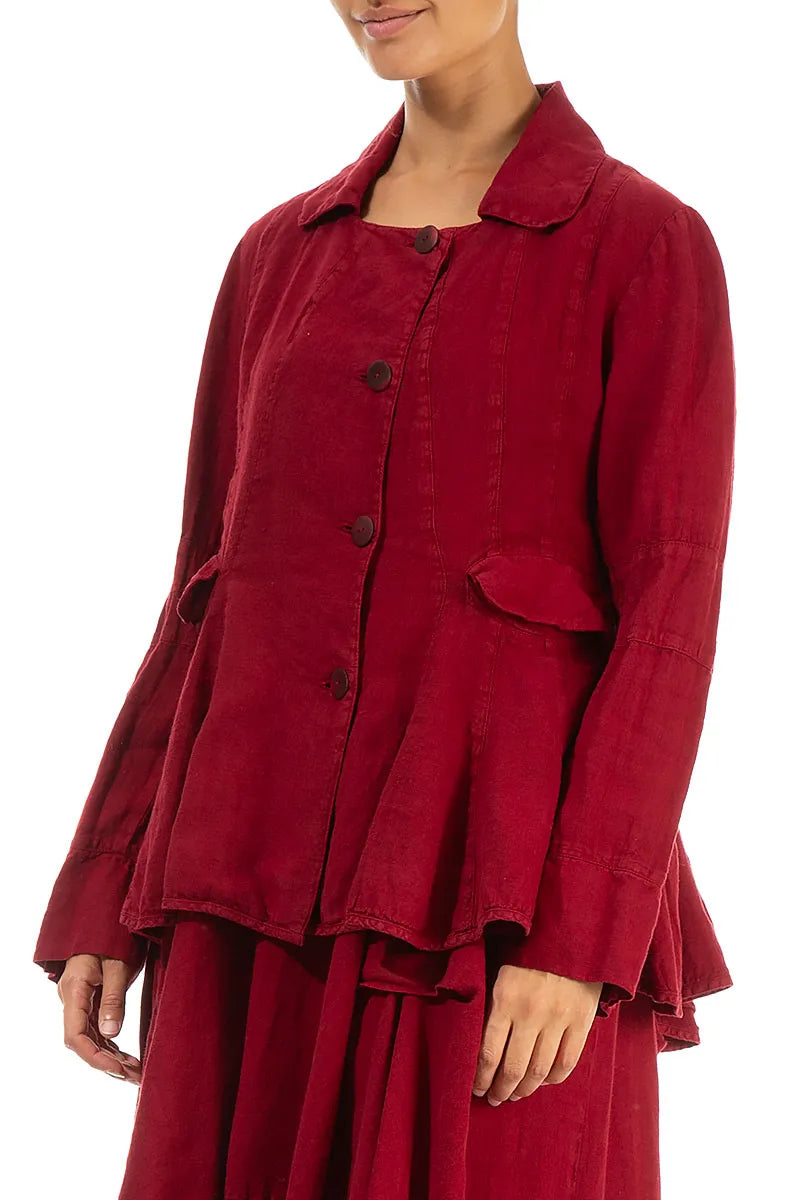 Dark Red Peplum Linen Jacket 3