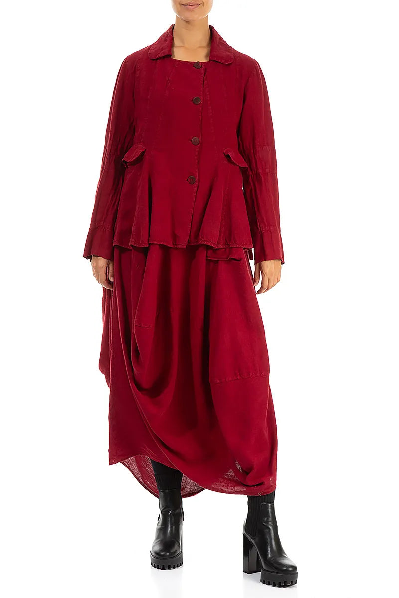 Dark Red Peplum Linen Jacket 4