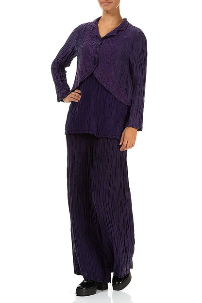 Decorated Front Crinkled Royal Purple Silk Linen Jacket 4