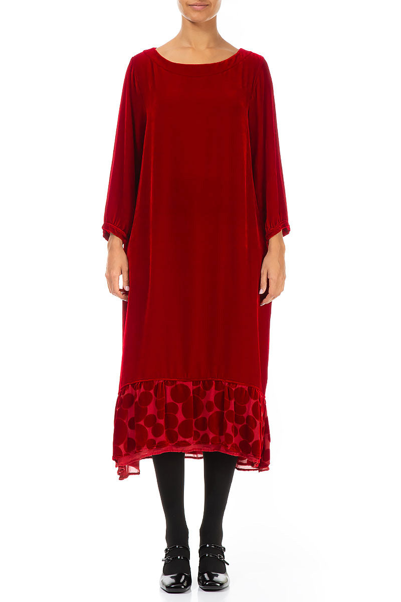 Decorated Hem Cherry Red Silk Velvet Dress 1