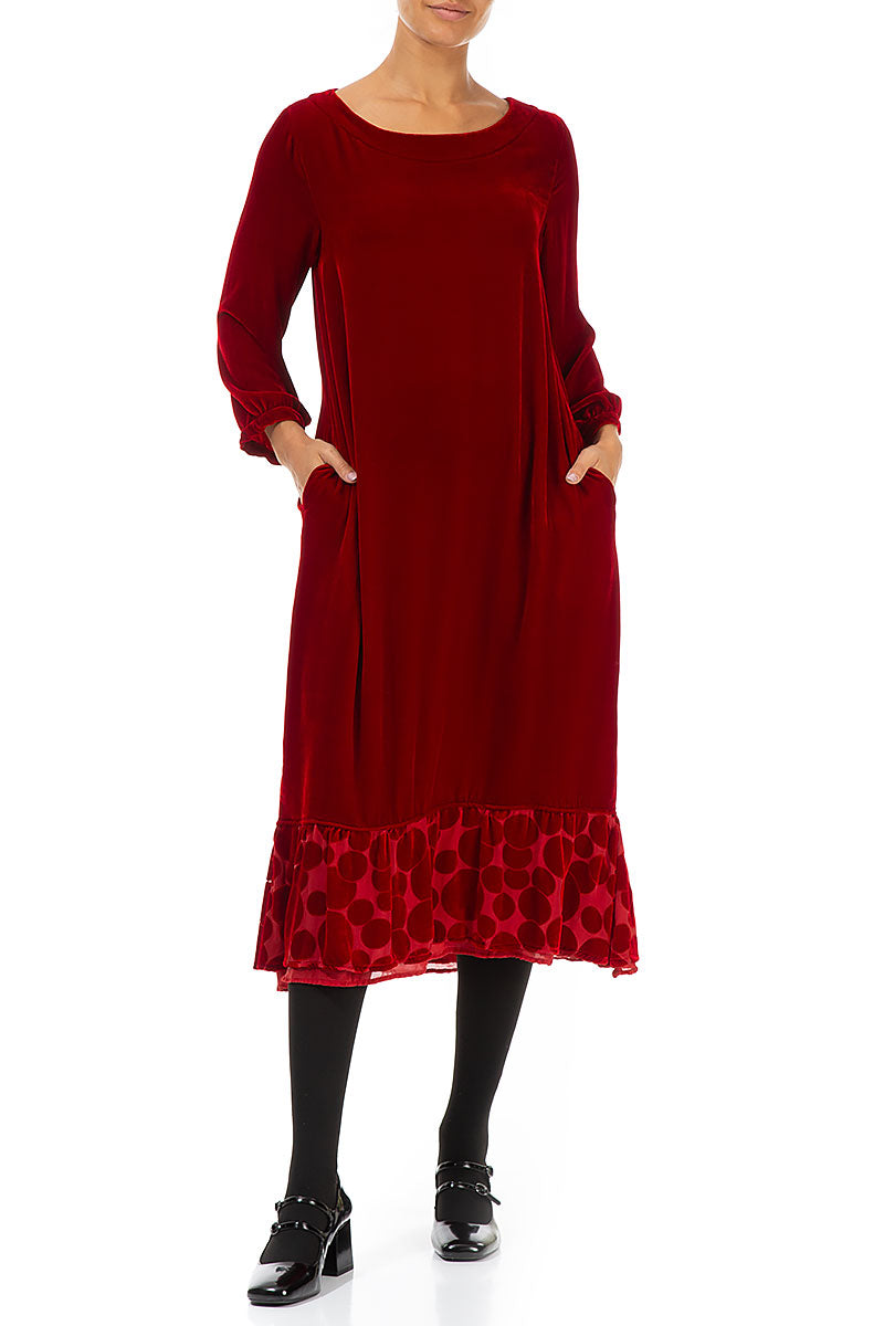 Decorated Hem Red Silk Velvet Dress