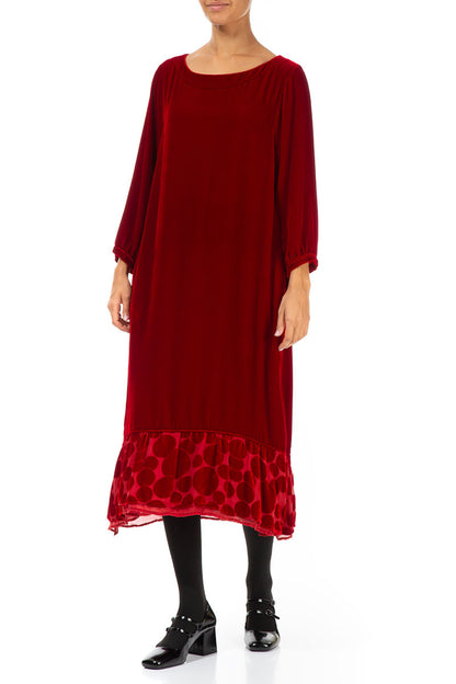 Decorated Hem Red Silk Velvet Dress