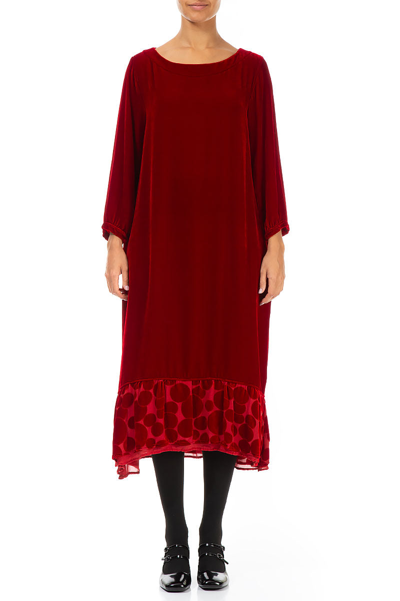 Decorated Hem Red Silk Velvet Dress