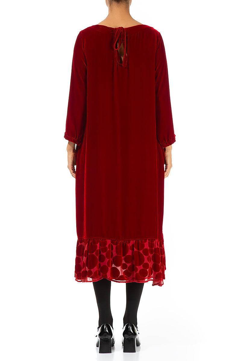 Decorated Hem Red Silk Velvet Dress