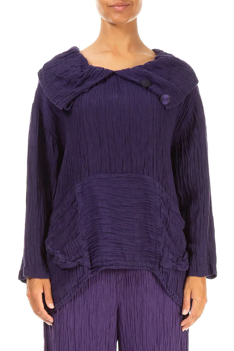 Decorative Collar Royal Purple Crinkled Silk Blouse 1