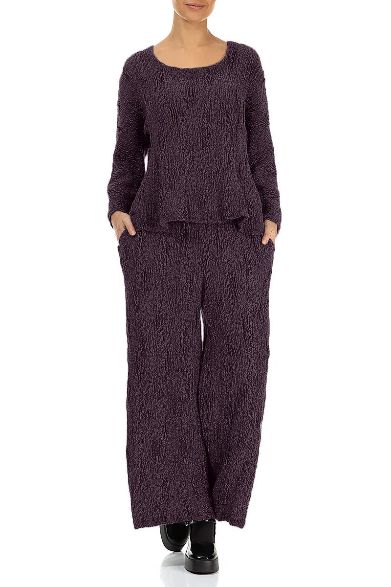 Wide Deep Plum Textured Silk Linen Trousers 4