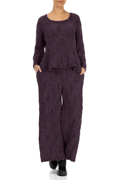 Wide Deep Plum Textured Silk Linen Trousers 4