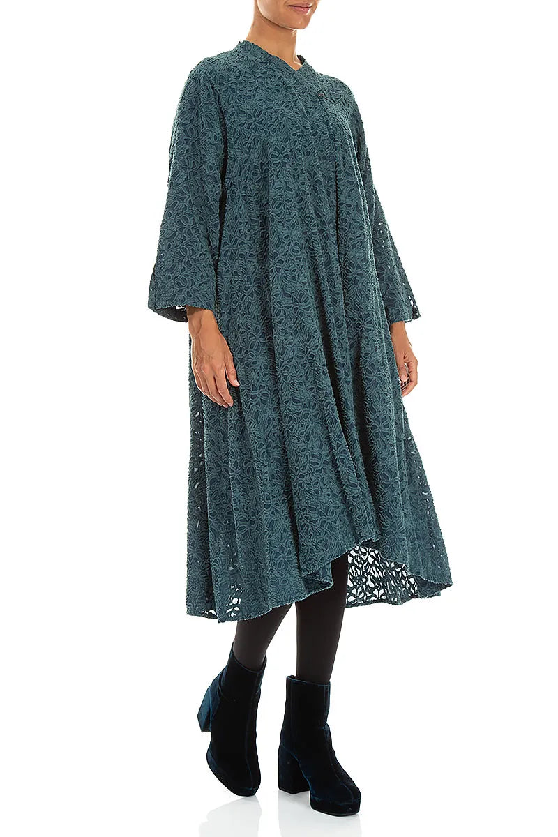 Deep Turquoise Floral Texture Silk Jacket 3