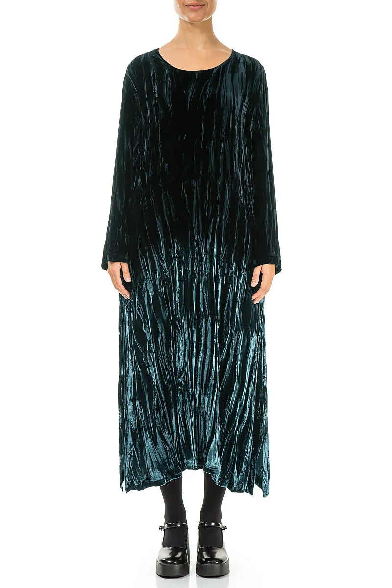Deep Turquoise Silk Velvet Ombré Shift Dress