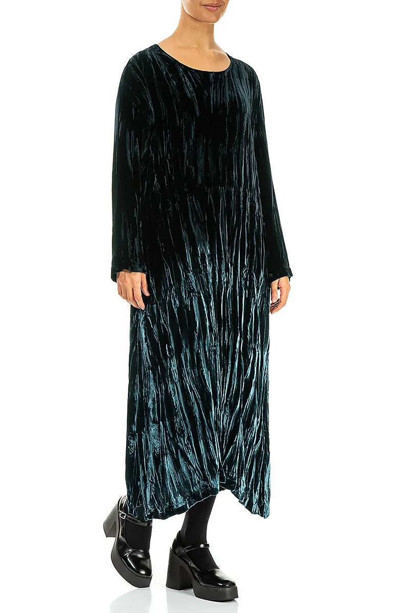 Deep Turquoise Silk Velvet Ombré Shift Dress