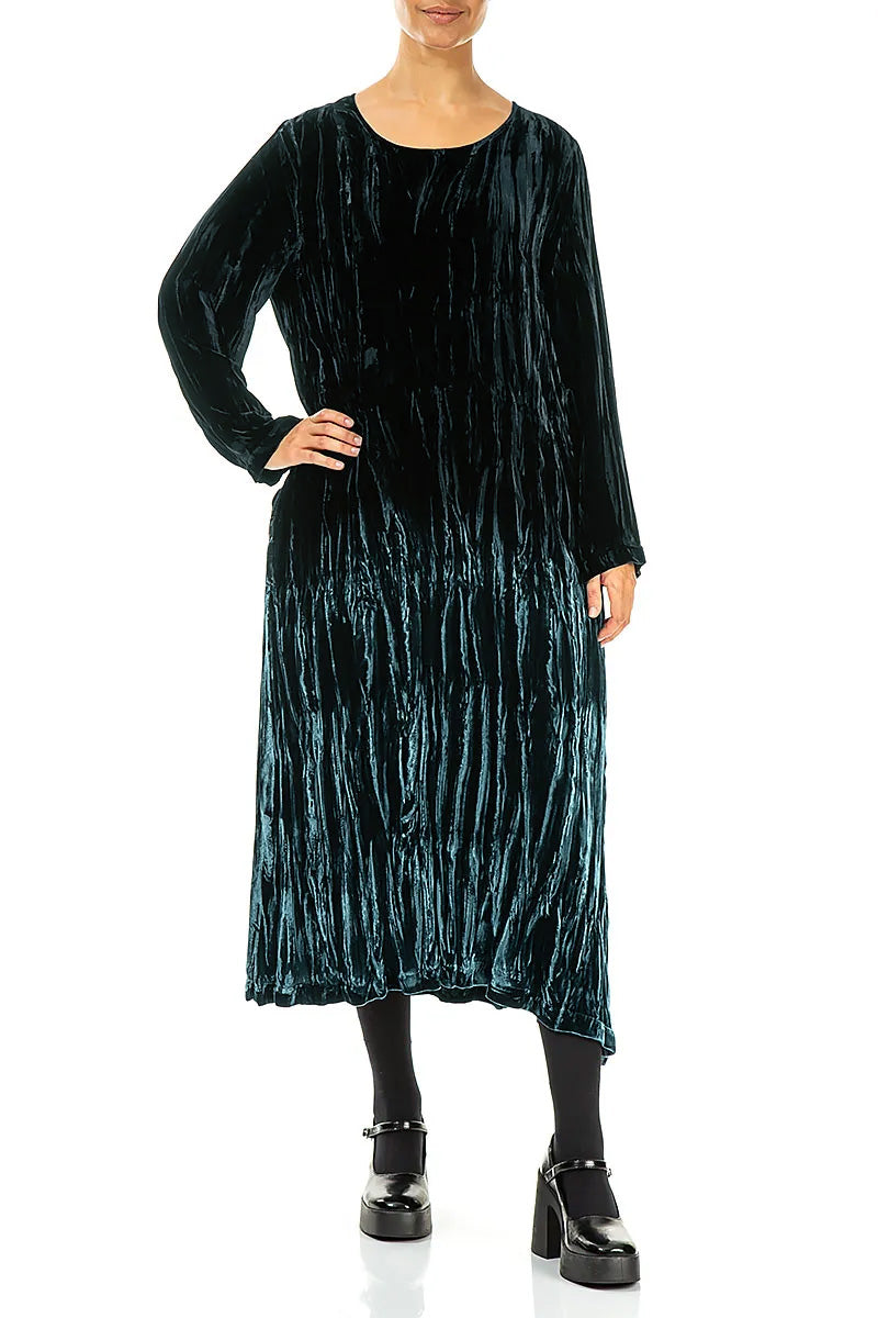 Deep Turquoise Silk Velvet Ombré Shift Dress