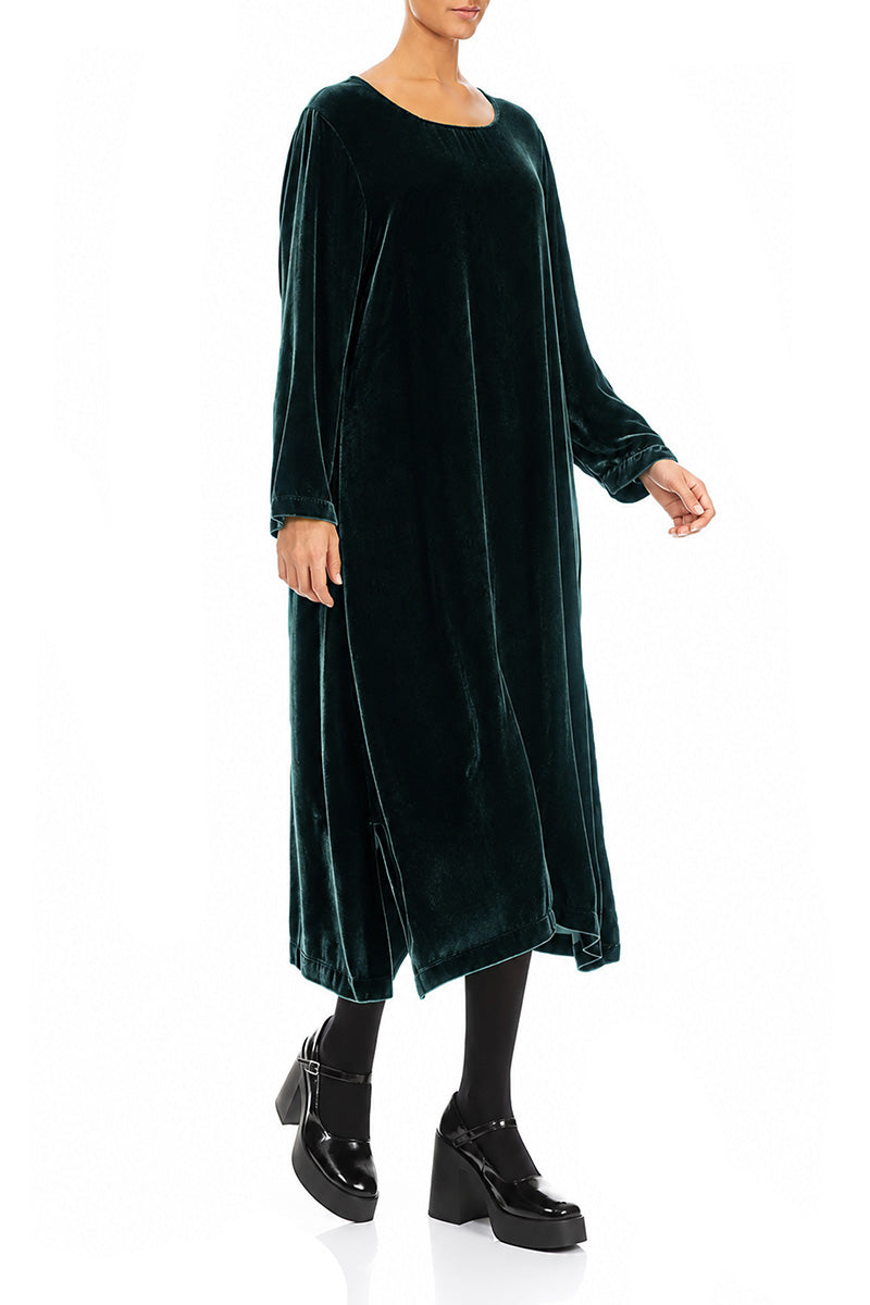 Deep Turquoise Silk Velvet Shift Dress