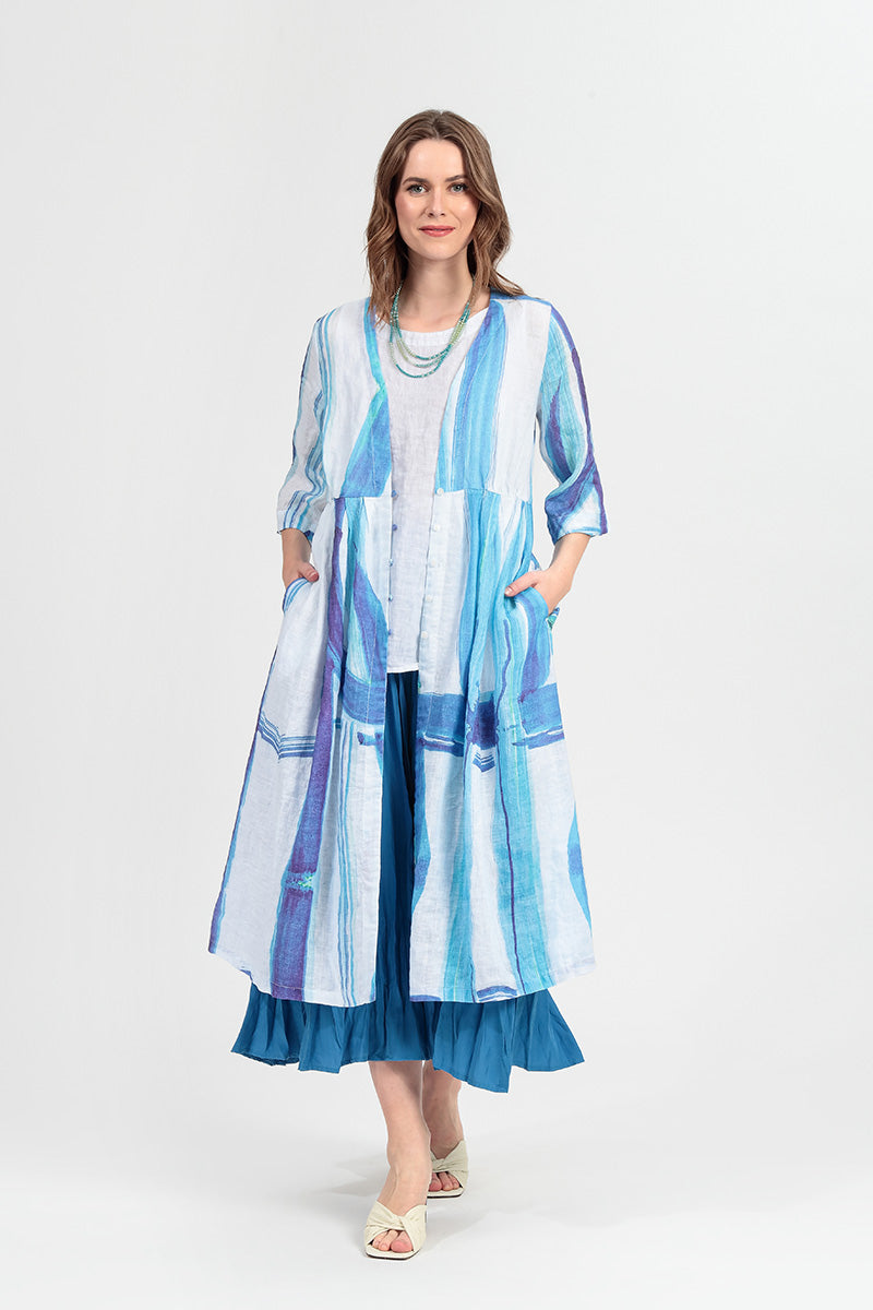 V-Ausschnitt Leinenjacke mit Pinselstrichmuster in Blau
