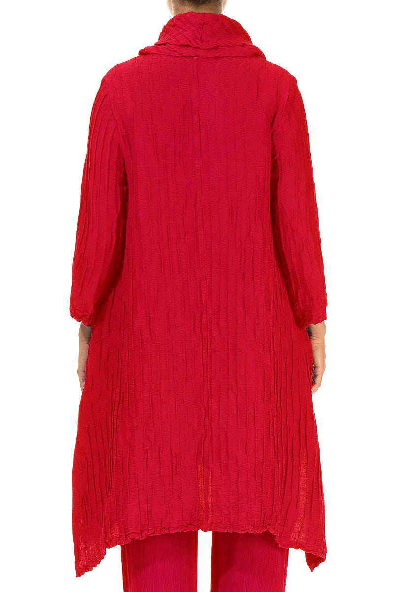 Detachable Collar Crinkled Cherry Red Silk Linen Tunic