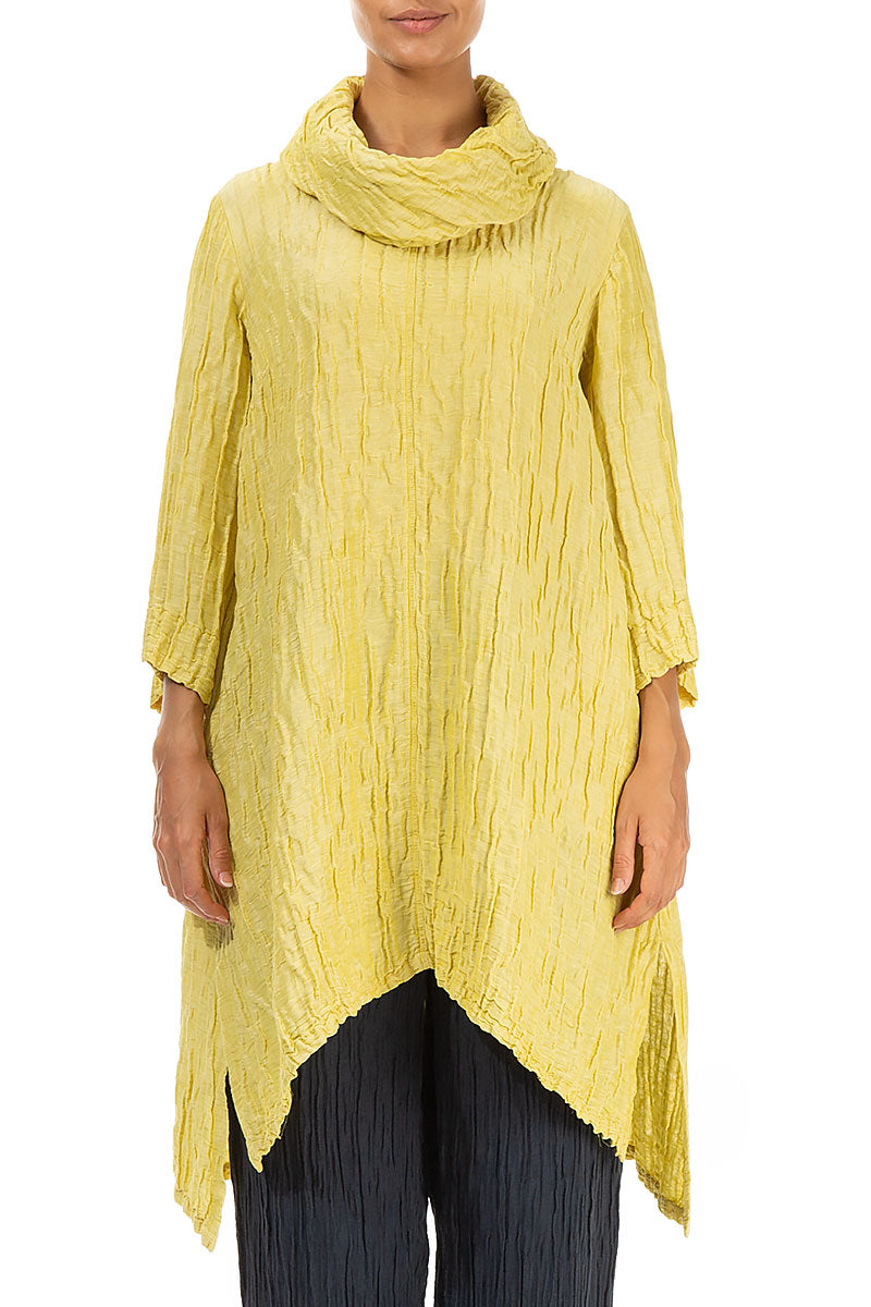 Detachable Collar Crinkled Cyber Lime Silk Tunic