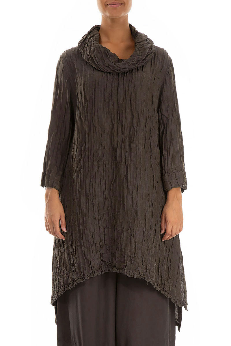Detachable Collar Crinkled Forest Brown Silk Linen Tunic