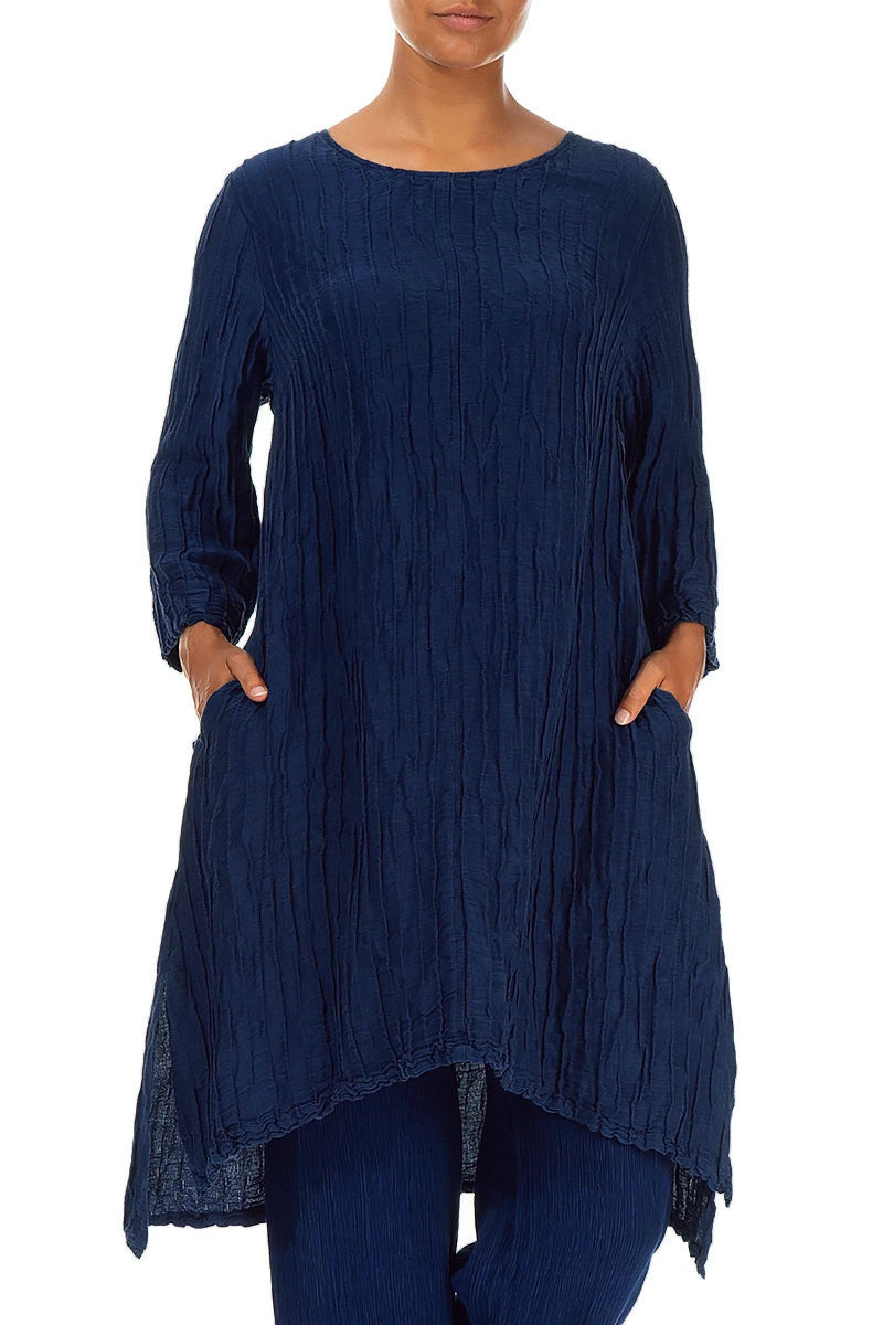 Detachable Collar Crinkled Royal Blue Silk Linen Tunic 3