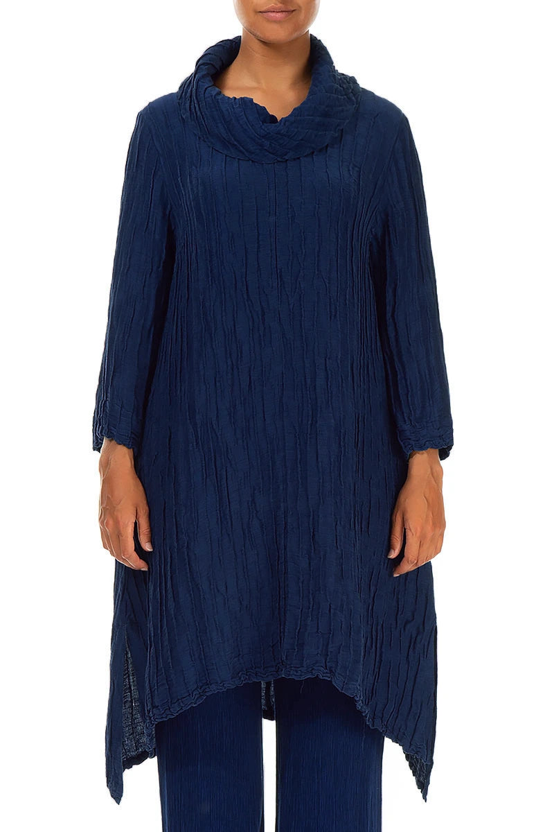 Detachable Collar Crinkled Royal Blue Silk Linen Tunic 1