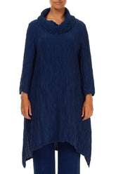 Detachable Collar Crinkled Royal Blue Silk Linen Tunic 1