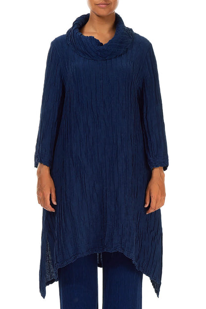 Detachable Collar Crinkled Royal Blue Silk Linen Tunic 1