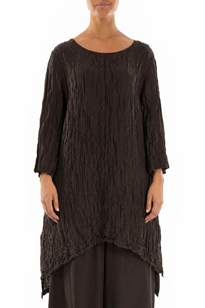Detachable Collar Crinkled Truffle Brown Silk Linen Tunic 3