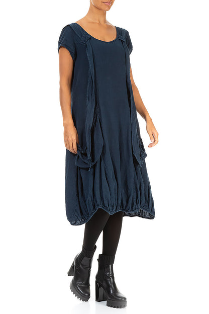 Detachable Hood Navy Linen Dress