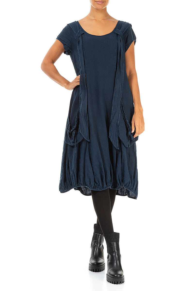 Detachable Hood Navy Linen Dress