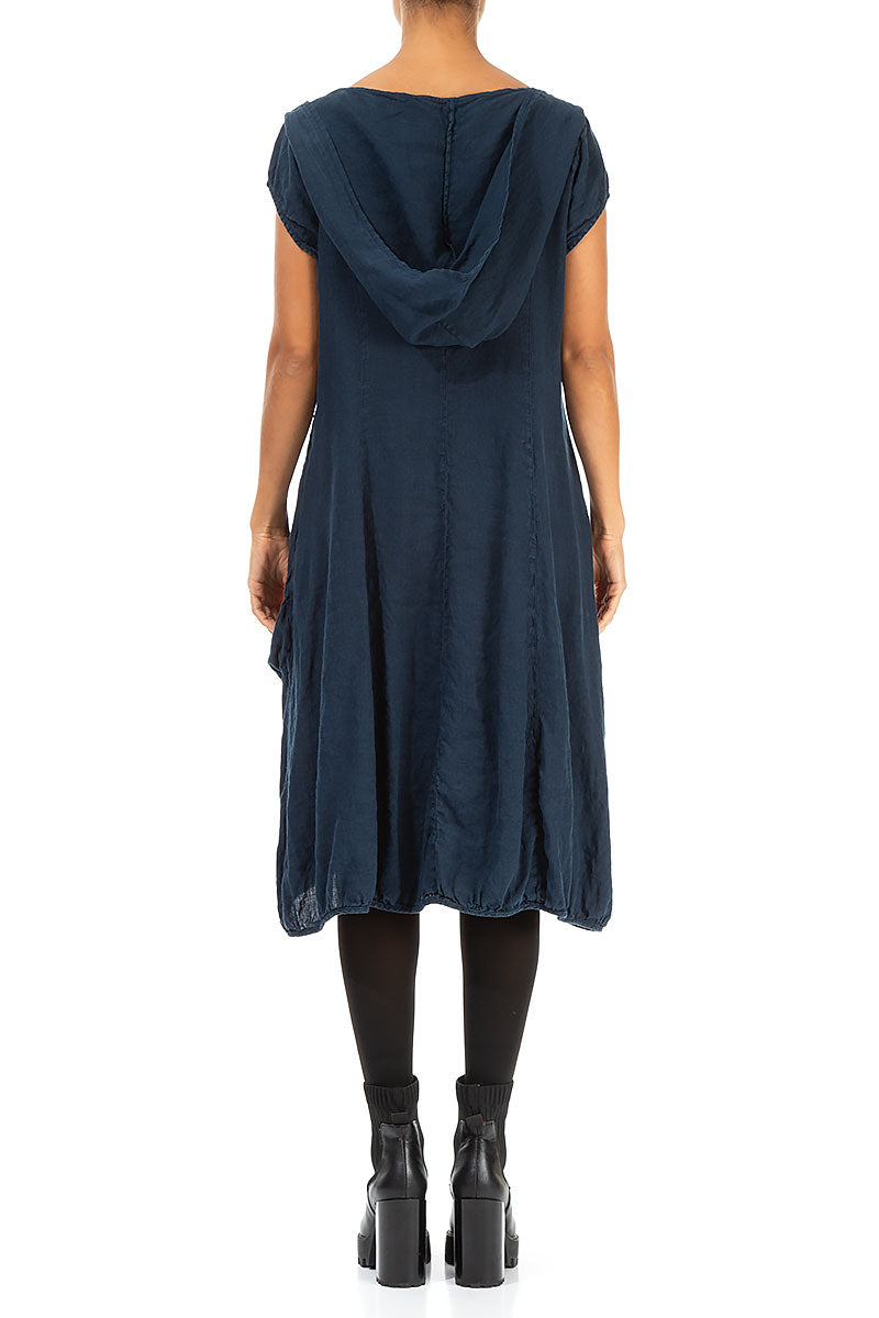 Detachable Hood Navy Linen Dress