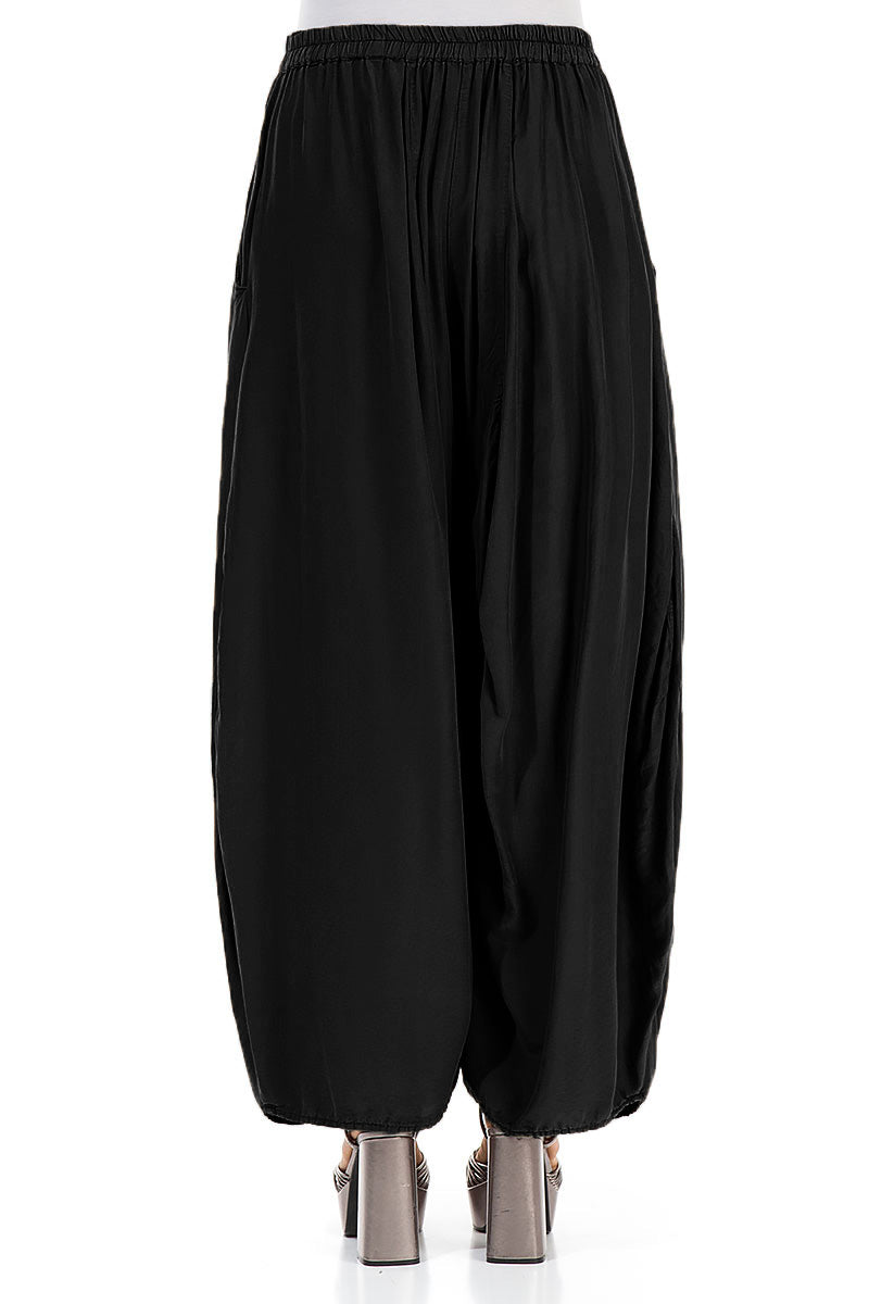 Detailed Loose Black Silk Bamboo Trousers 2