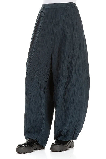 Detailed Loose Crinkled Navy Silk Trousers 3