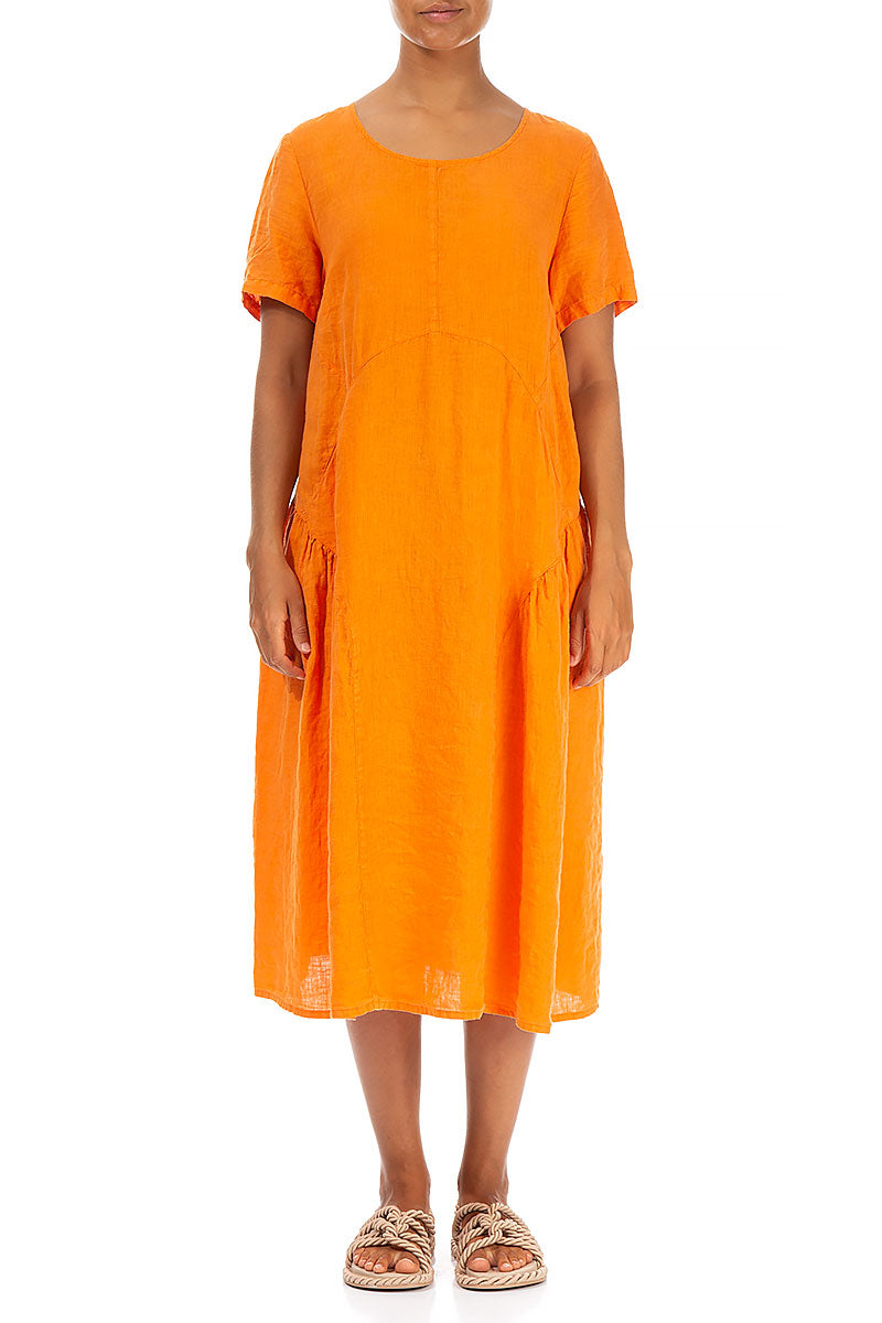 Detailed Neon Orange Linen Dress