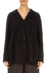 Detailed Shoulder Black Wavy Cotton Jacket 1
