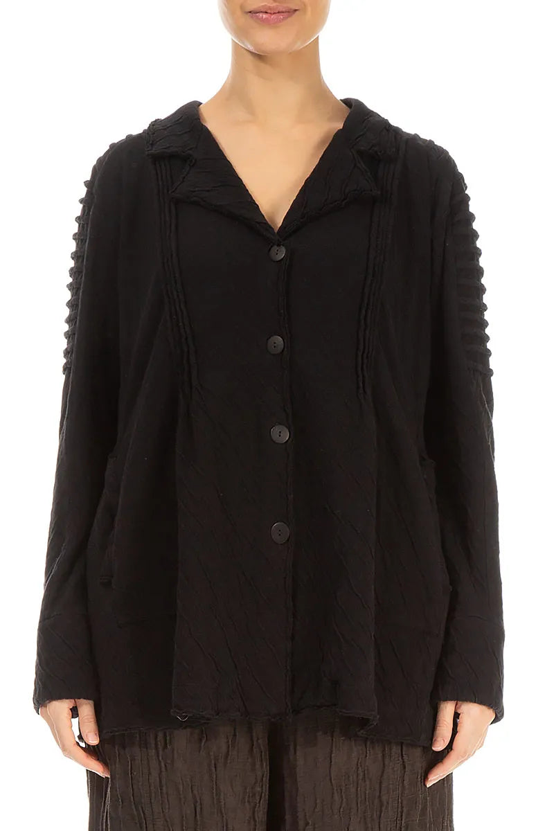 Detailed Shoulder Black Wavy Cotton Jacket 1