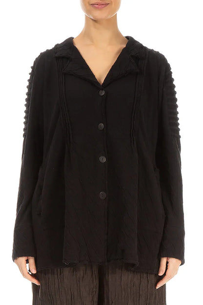 Detailed Shoulder Black Wavy Cotton Jacket 1