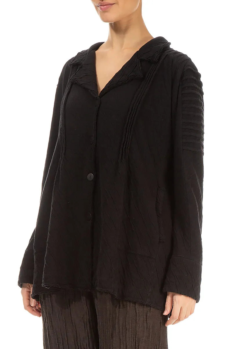 Detailed Shoulder Black Wavy Cotton Jacket 3