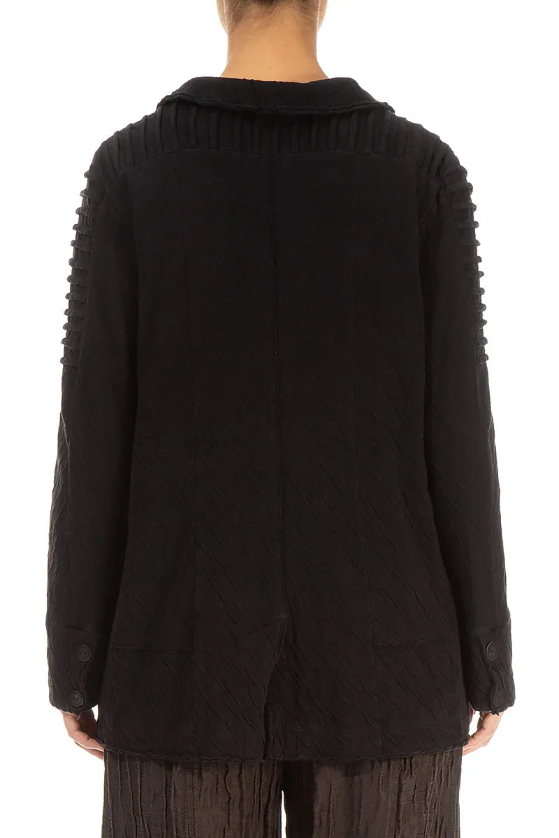 Detailed Shoulder Black Wavy Cotton Jacket 2
