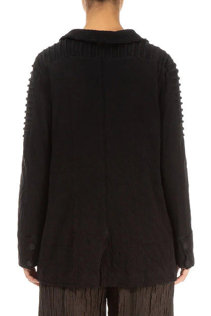 Detailed Shoulder Black Wavy Cotton Jacket 2
