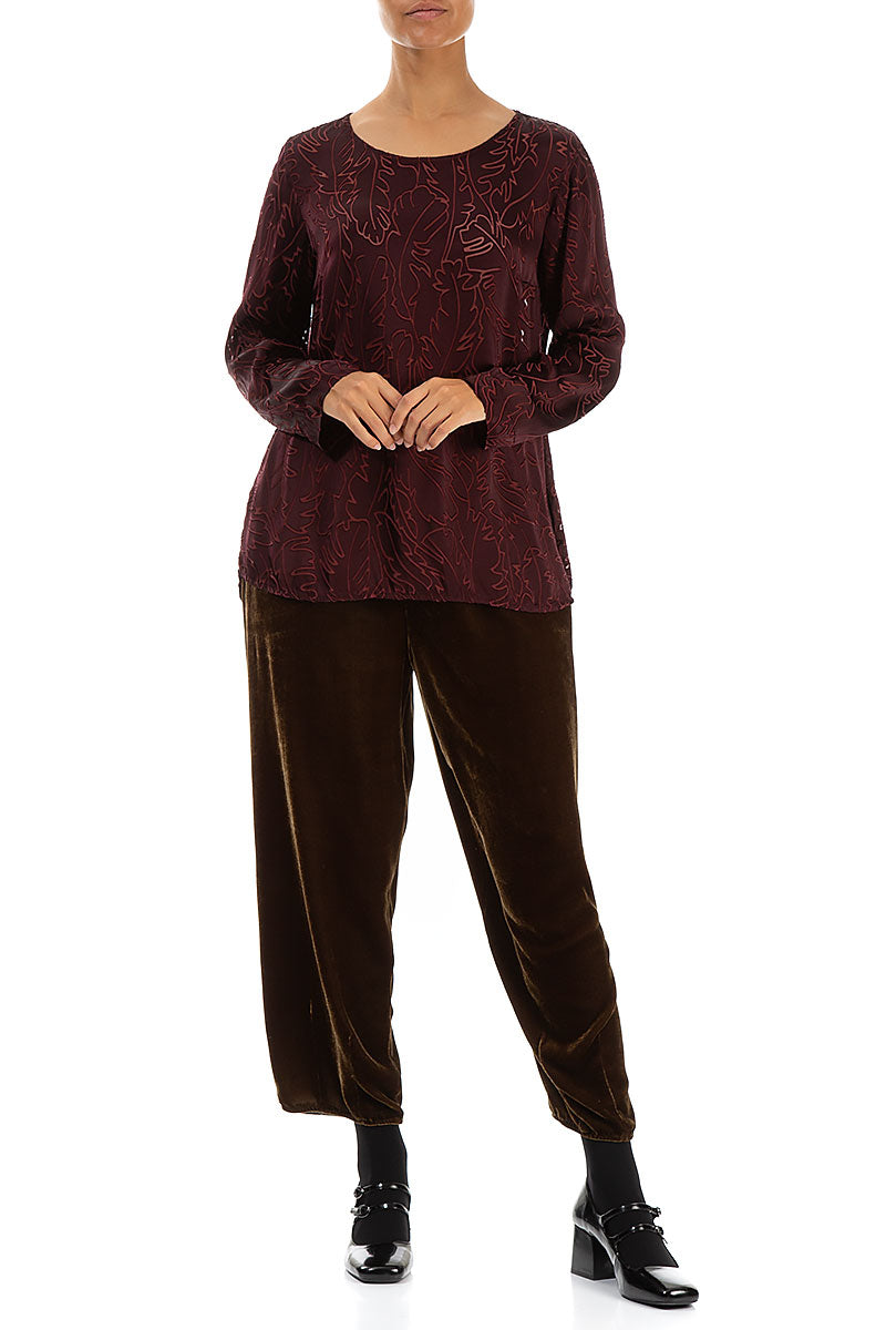 Devoré Feather Merlot Silk Blouse