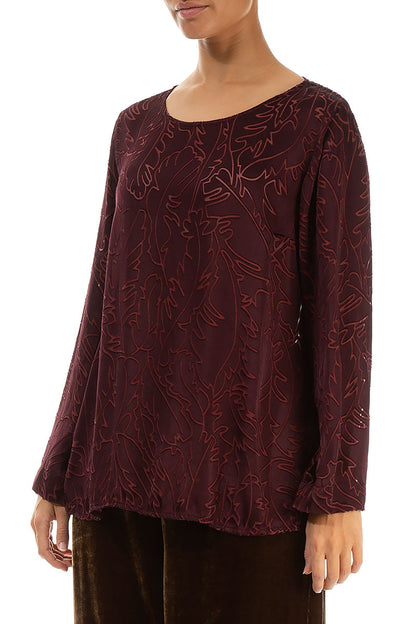 Devoré Feather Merlot Silk Blouse