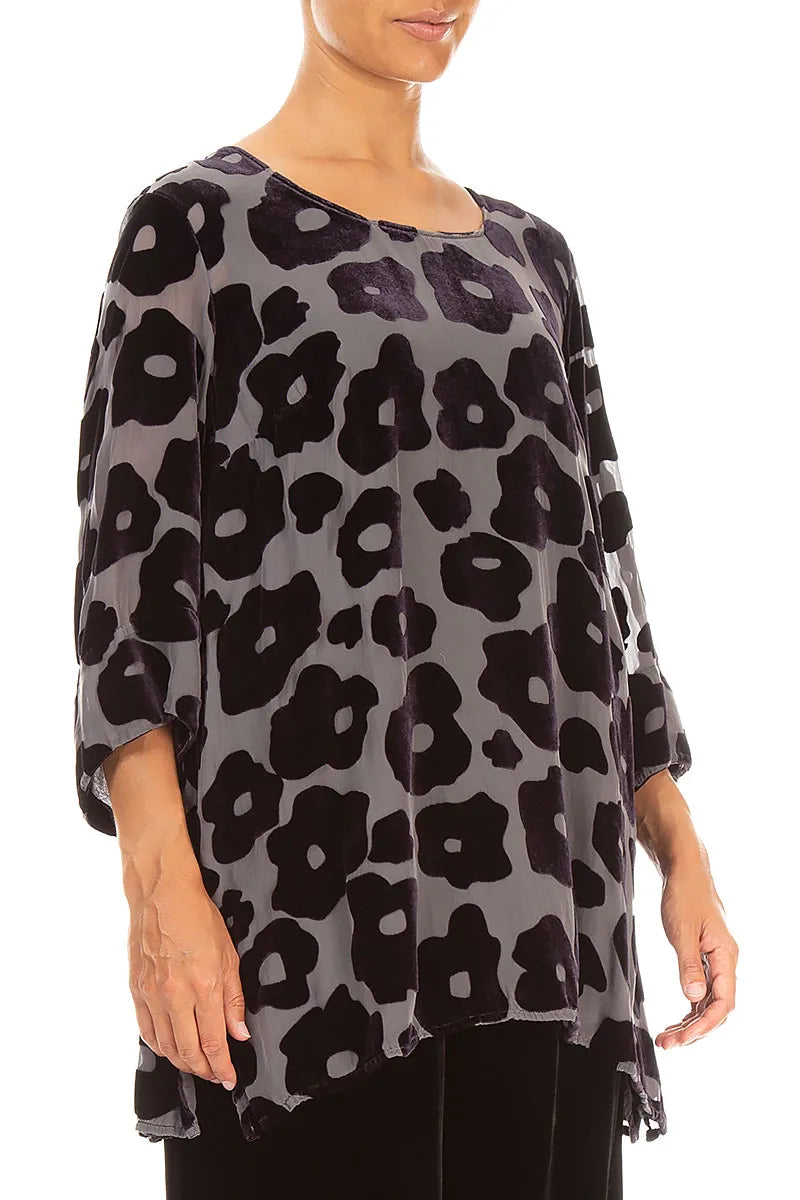Devoré Flowers Charcoal Silk Velvet Tunic 3