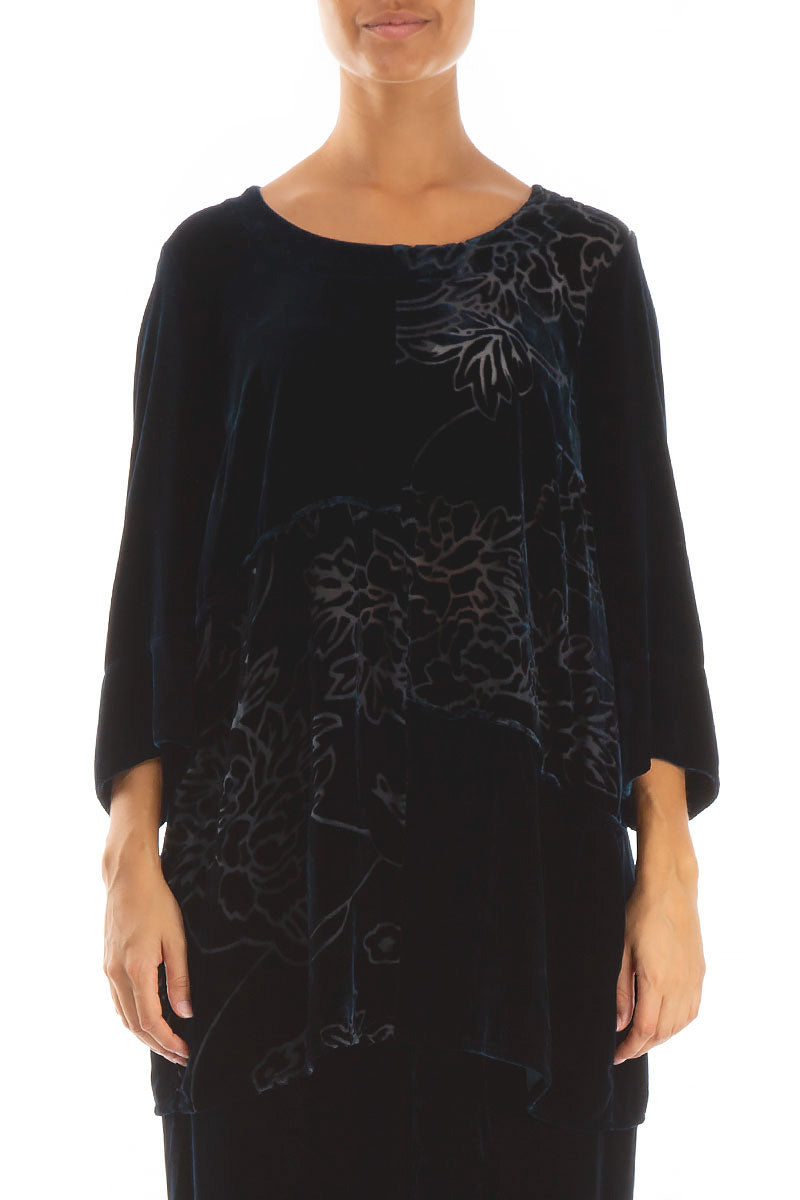 Devoré Front Peacock Blue Silk Velvet Tunic